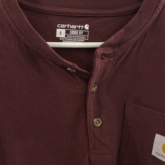 Carhartt Burgundy Long Sleeve Tee Shirt Signature Pocket Logo - Picture 3 of 4